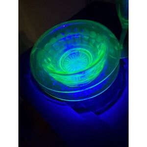 Uranium Glass Bowl Rolled Edge Pedestal Vaseline Green Glow Set of 2- 7 inch